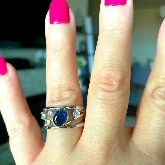 Gorgeous 14k Gold 925 Silver Blue Sapphire Diamond Ring - Picture 4 of 7